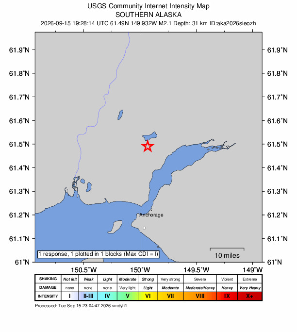 USGS DYFI community-reported intensity map for the M2.1 earthquake near 3 km SSE of Big Lake, Alaska