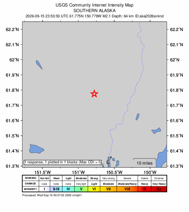 USGS DYFI community-reported intensity map for the M2.1 earthquake near 29 km NNW of Susitna, Alaska