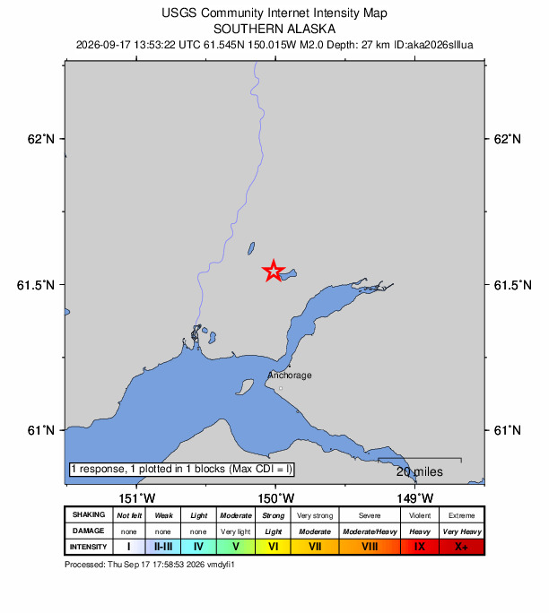 USGS DYFI community-reported intensity map for the M2.0 earthquake near 4 km NW of Big Lake, Alaska