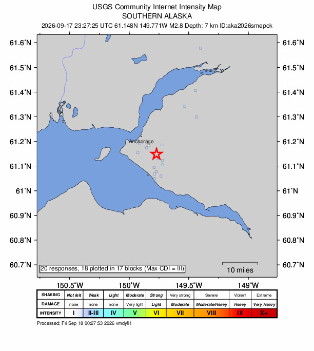 USGS DYFI community-reported intensity map for the M2.8 earthquake near 10 km SE of Anchorage, Alaska