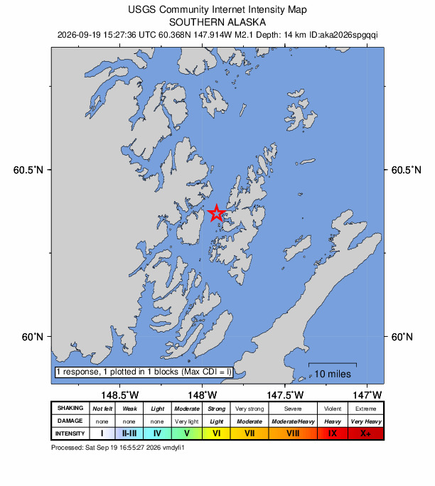 USGS DYFI community-reported intensity map for the M2.1 earthquake near 34 km N of Chenega, Alaska