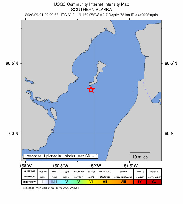 USGS DYFI community-reported intensity map for the M2.7 earthquake near 36 km NW of Ninilchik, Alaska