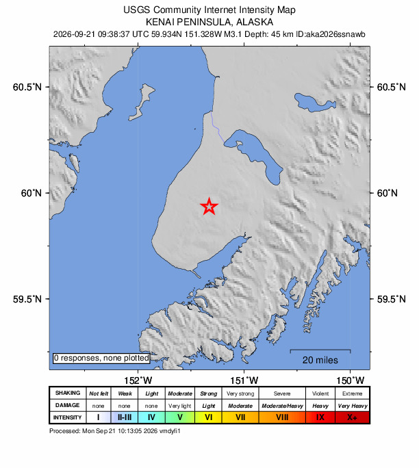 USGS DYFI community-reported intensity map for the M3.1 earthquake near 20 km NE of Nikolaevsk, Alaska