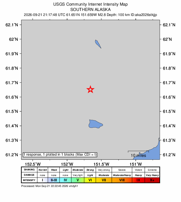 USGS DYFI community-reported intensity map for the M2.8 earthquake near 40 km SSW of Skwentna, Alaska