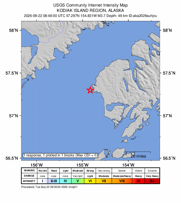 USGS DYFI community-reported intensity map for the M3.7 earthquake near 37 km SW of Karluk, Alaska