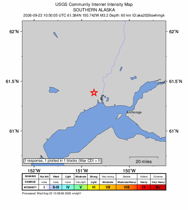 USGS DYFI community-reported intensity map for the M3.2 earthquake near 21 km SW of Susitna, Alaska