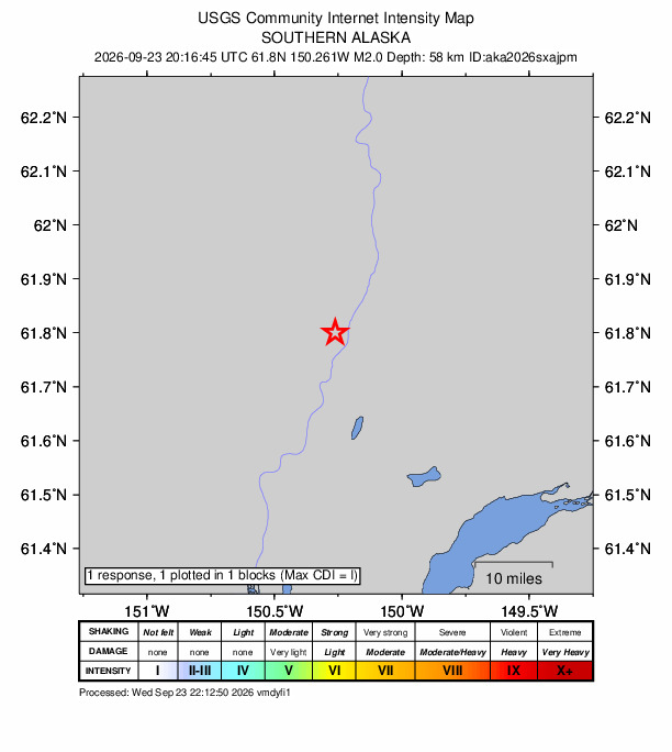USGS DYFI community-reported intensity map for the M2.0 earthquake near 13 km WNW of Willow, Alaska