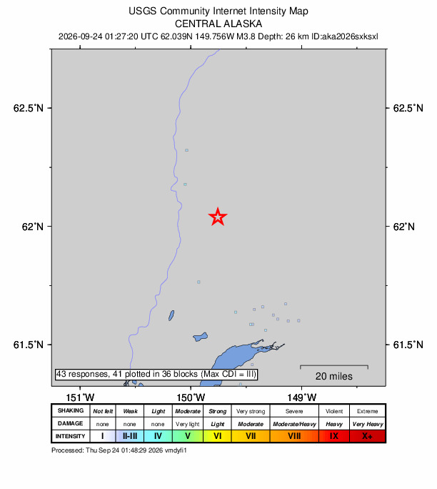 USGS DYFI community-reported intensity map for the M3.8 earthquake near 14 km SSE of Susitna North, Alaska