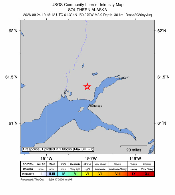 USGS DYFI community-reported intensity map for the M2.0 earthquake near 6 km NW of Point MacKenzie, Alaska