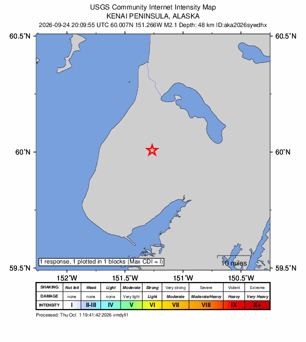 USGS DYFI community-reported intensity map for the M2.1 earthquake near 22 km ESE of Ninilchik, Alaska