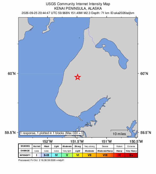 USGS DYFI community-reported intensity map for the M2.3 earthquake near 13 km SE of Ninilchik, Alaska