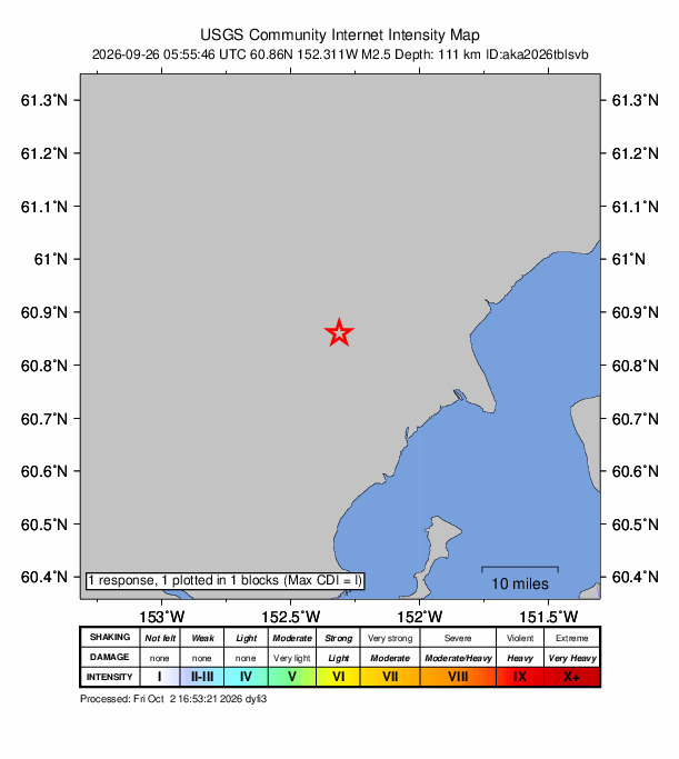 USGS DYFI community-reported intensity map for the M2.5 earthquake near 58 km WNW of Nikiski, Alaska