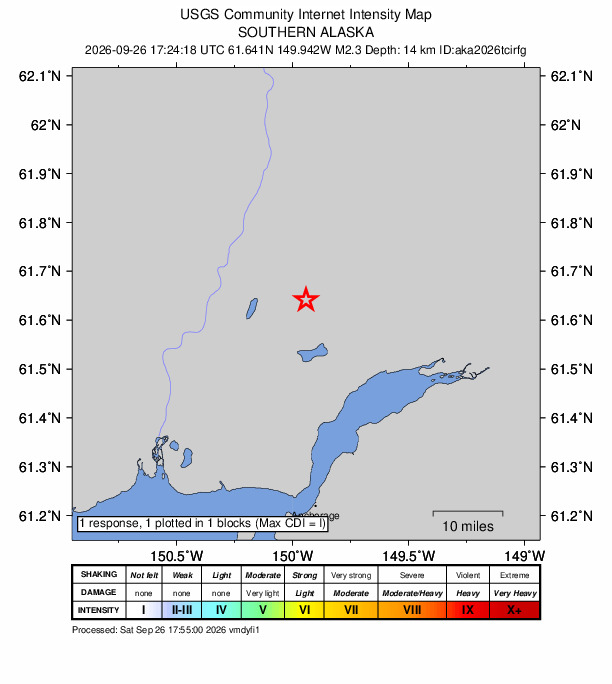 USGS DYFI community-reported intensity map for the M2.3 earthquake near 6 km W of Houston, Alaska