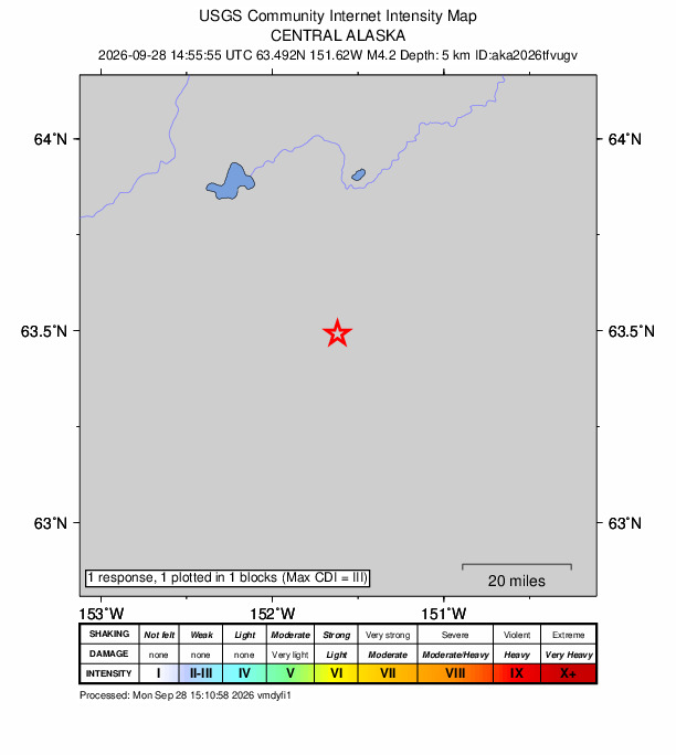 USGS DYFI community-reported intensity map for the M4.2 earthquake near 7 km SE of Denali National Park, Alaska