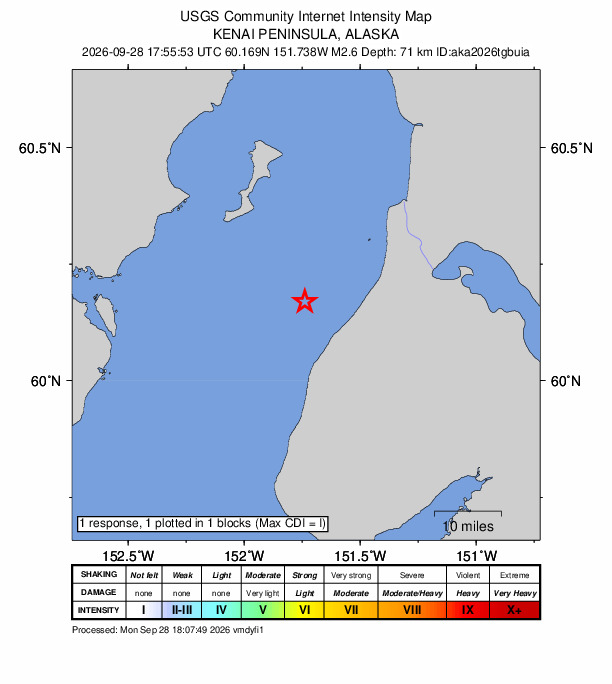 USGS DYFI community-reported intensity map for the M2.6 earthquake near 13 km NNW of Ninilchik, Alaska