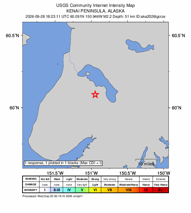USGS DYFI community-reported intensity map for the M2.2 earthquake near 25 km N of Fox River, Alaska