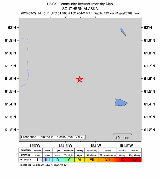 USGS DYFI community-reported intensity map for the M2.1 earthquake near 63 km SW of Skwentna, Alaska