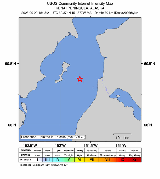 USGS DYFI community-reported intensity map for the M2.1 earthquake near 20 km W of Cohoe, Alaska