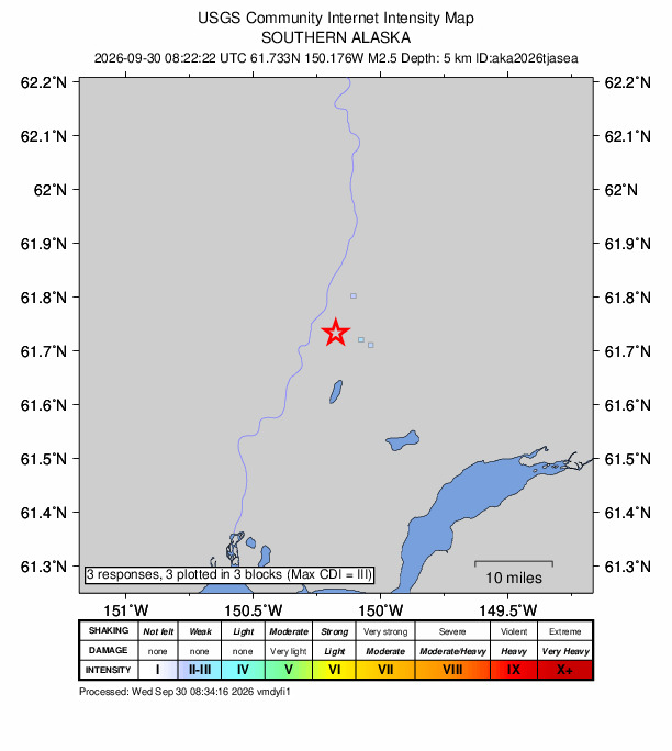 USGS DYFI community-reported intensity map for the M2.5 earthquake near 7 km WSW of Willow, Alaska