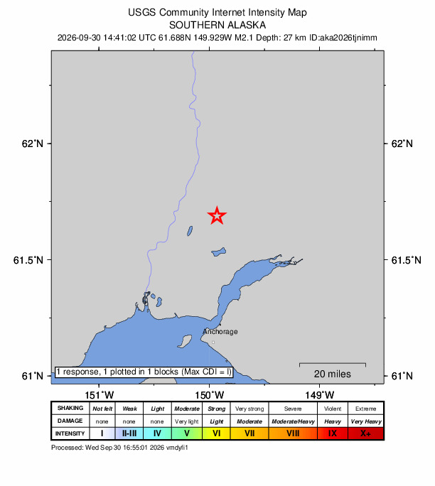 USGS DYFI community-reported intensity map for the M2.1 earthquake near 8 km NW of Houston, Alaska