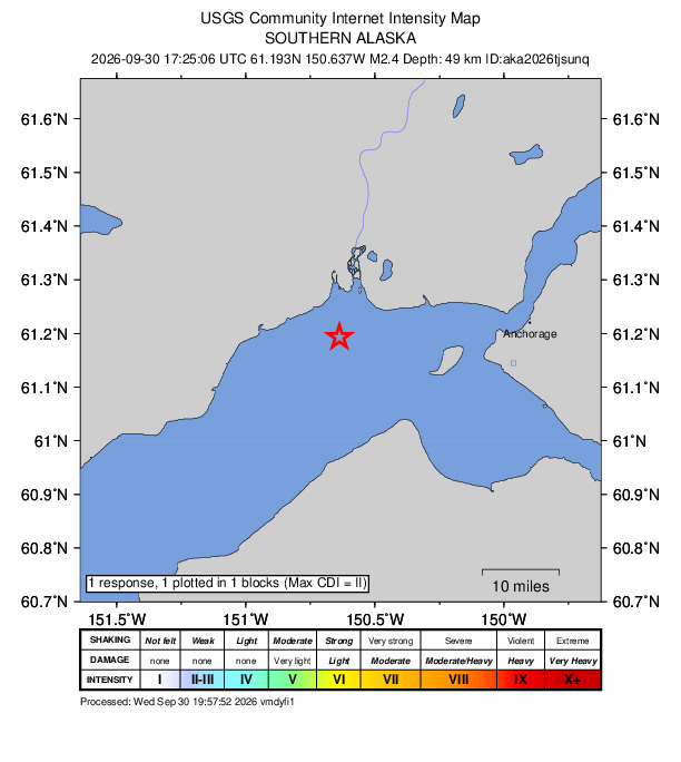 USGS DYFI community-reported intensity map for the M2.4 earthquake near 24 km ENE of Beluga, Alaska