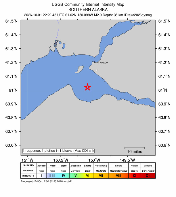 USGS DYFI community-reported intensity map for the M2.0 earthquake near 24 km SSW of Anchorage, Alaska