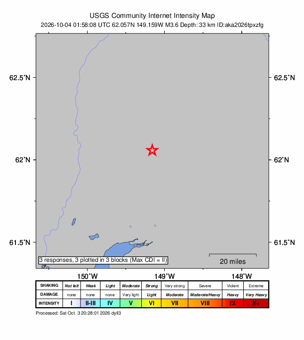 USGS DYFI community-reported intensity map for the M3.5 earthquake near 31 km N of Fishhook, Alaska
