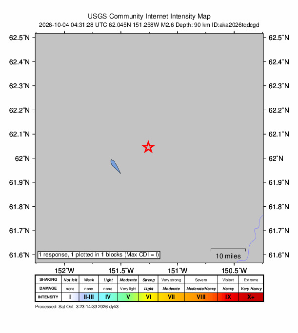 USGS DYFI community-reported intensity map for the M2.6 earthquake near 9 km NE of Skwentna, Alaska