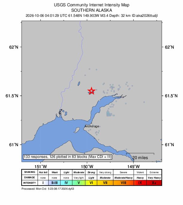 USGS DYFI community-reported intensity map for the M3.4 earthquake near 4 km NE of Big Lake, Alaska