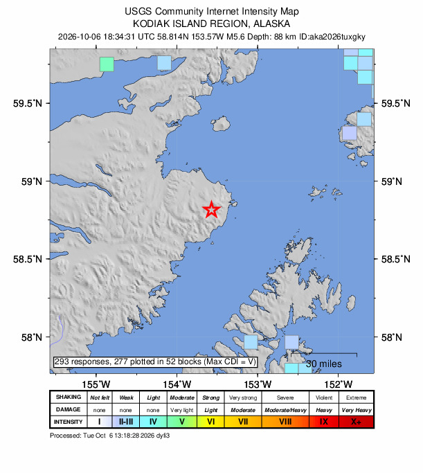 USGS DYFI community-reported intensity map for the M5.5 earthquake near 92 km NNW of Aleneva, Alaska