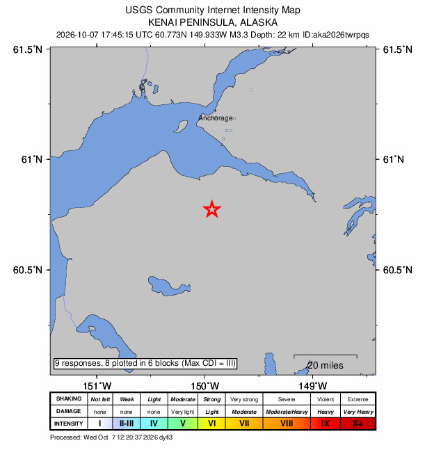 USGS DYFI community-reported intensity map for the M3.3 earthquake near 22 km SW of Hope, Alaska