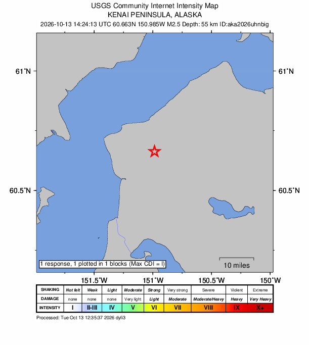 USGS DYFI community-reported intensity map for the M2.5 earthquake near 15 km NNE of Ridgeway, Alaska