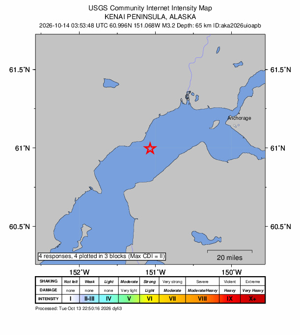 USGS DYFI community-reported intensity map for the M3.2 earthquake near 8 km SSE of Tyonek, Alaska