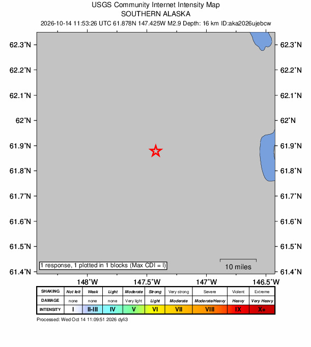USGS DYFI community-reported intensity map for the M2.9 earthquake near 14 km ENE of Glacier View, Alaska
