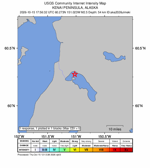 USGS DYFI community-reported intensity map for the M2.5 earthquake near 15 km ESE of Kasilof, Alaska