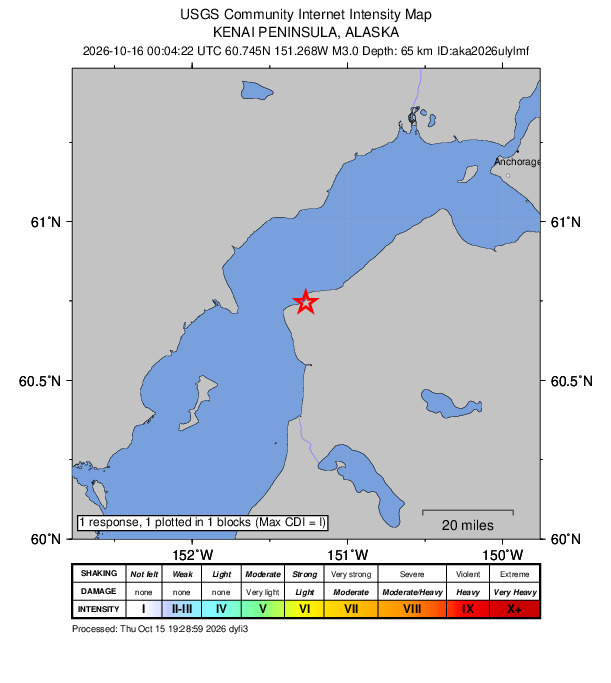 USGS DYFI community-reported intensity map for the M3.1 earthquake near 6 km N of Nikiski, Alaska