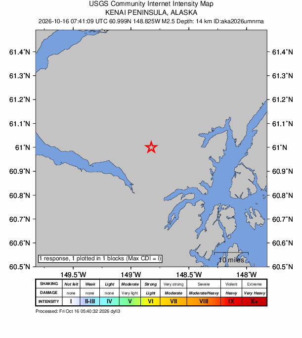 USGS DYFI community-reported intensity map for the M2.5 earthquake near 19 km ENE of Girdwood, Alaska