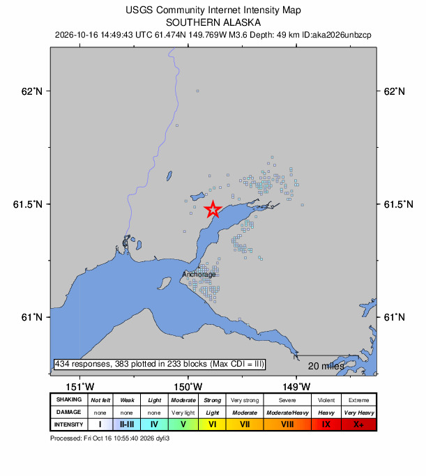 USGS DYFI community-reported intensity map for the M3.6 earthquake near 2 km NW of Knik, Alaska