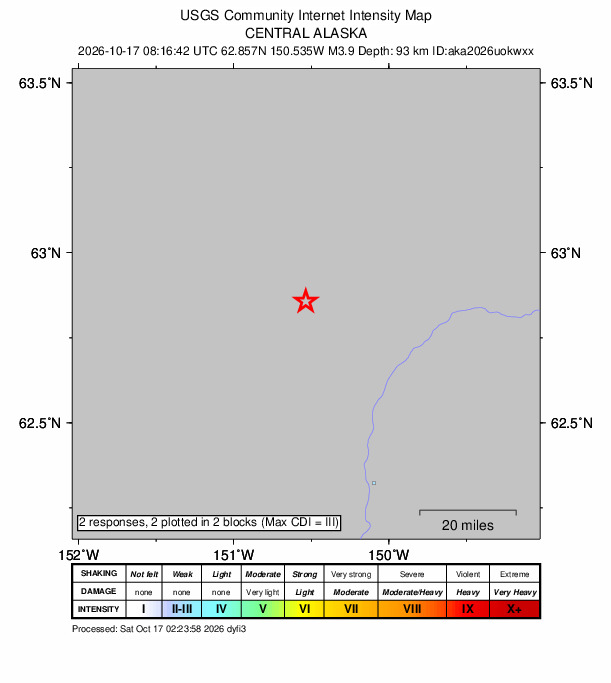 USGS DYFI community-reported intensity map for the M3.8 earthquake near 41 km NNE of Petersville, Alaska
