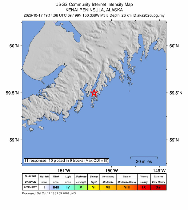 USGS DYFI community-reported intensity map for the M3.8 earthquake near 49 km ESE of Halibut Cove, Alaska