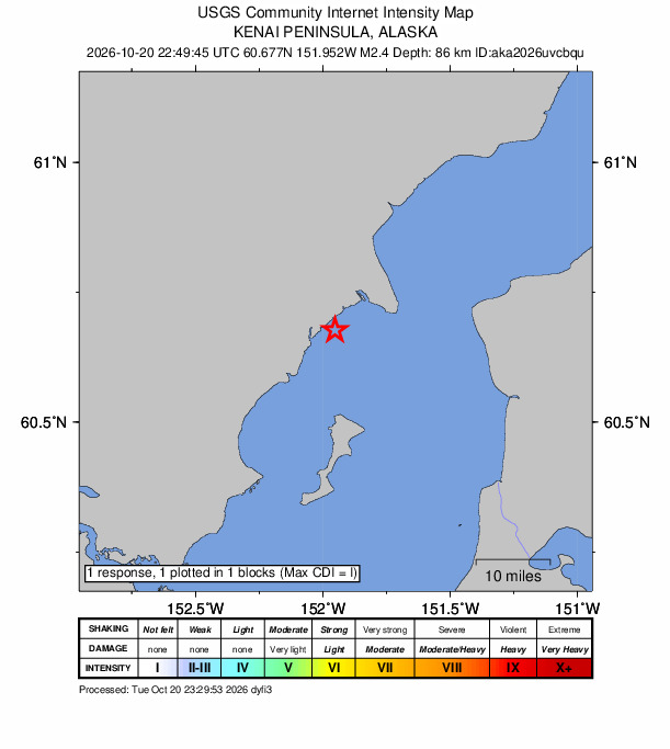 USGS DYFI community-reported intensity map for the M2.7 earthquake near 27 km W of Salamatof, Alaska