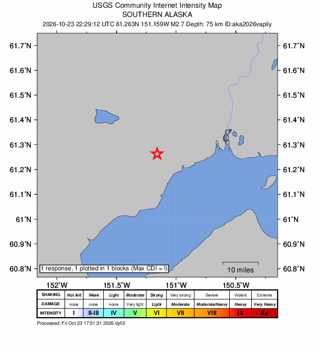 USGS DYFI community-reported intensity map for the M2.8 earthquake near 14 km NNW of Beluga, Alaska