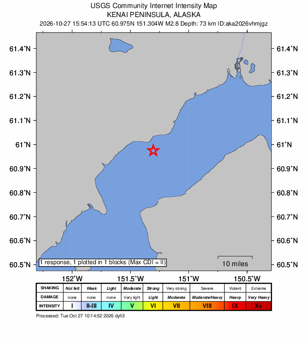 USGS DYFI community-reported intensity map for the M2.8 earthquake near 13 km SW of Tyonek, Alaska