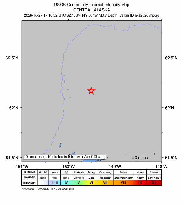 USGS DYFI community-reported intensity map for the M3.7 earthquake near 16 km E of Susitna North, Alaska