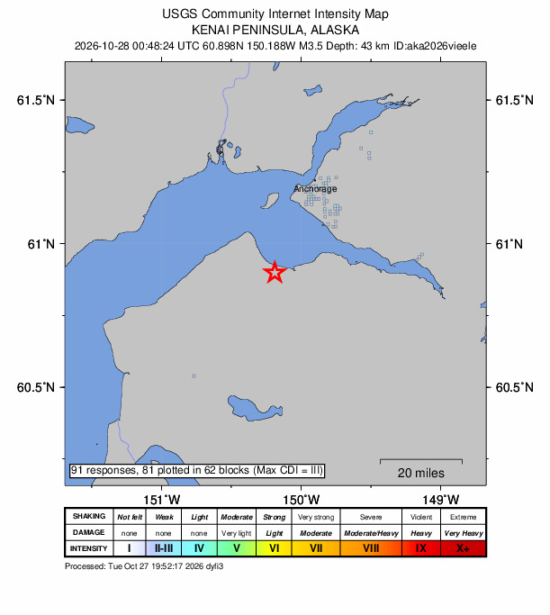 USGS DYFI community-reported intensity map for the M3.5 earthquake near 27 km E of Point Possession, Alaska