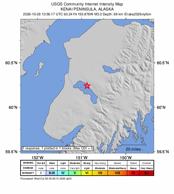 USGS DYFI community-reported intensity map for the M3.0 earthquake near 25 km ESE of Kasilof, Alaska