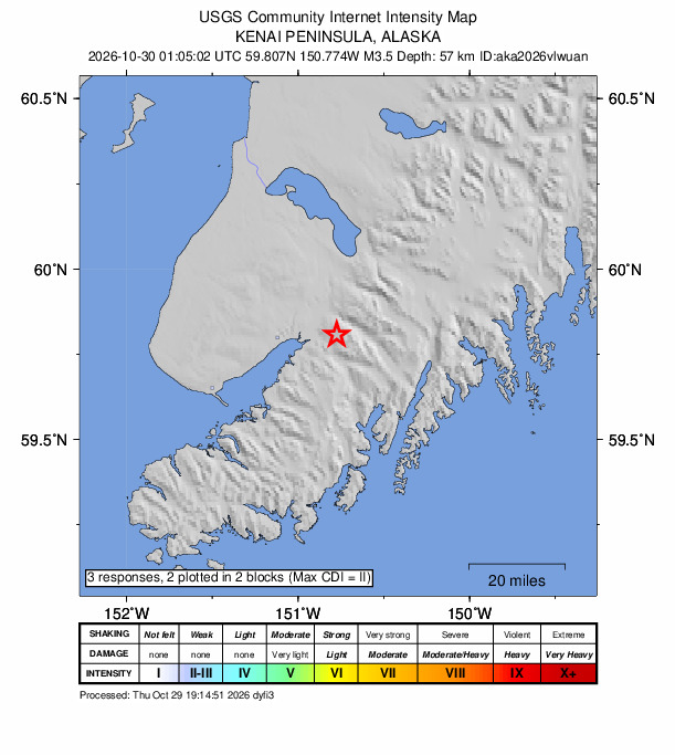 USGS DYFI community-reported intensity map for the M3.5 earthquake near 11 km ESE of Fox River, Alaska