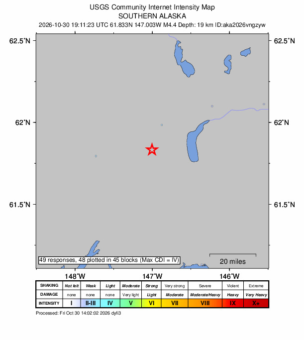 USGS DYFI community-reported intensity map for the M4.4 earthquake near 14 km SE of Eureka Roadhouse, Alaska