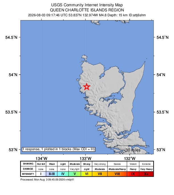 USGS DYFI community-reported intensity map for the M4.8 earthquake near 152 km S of Hydaburg, Alaska