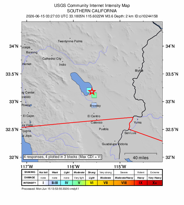 USGS DYFI community-reported intensity map for the M3.6 earthquake near 10 km SW of Niland, CA